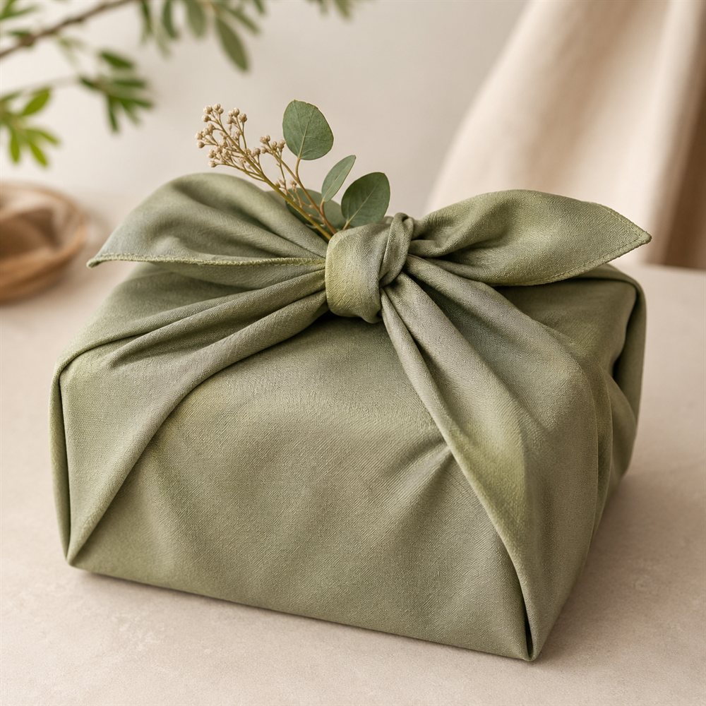 A gift wrapped in sage-green fabric, tied furoshiki-style and topped with a sprig of eucalyptus